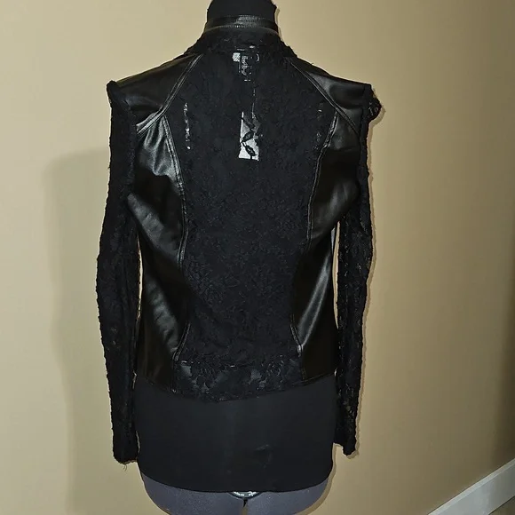 Streetwear Society Black Faux Leather Lace Insert Moto Jacket Small - Picture 4 of 15